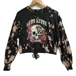 No Boundaries Skull Graphic Crop Sweatshirt L 11-13 Bleach Splatter Grunge‎ Y2K